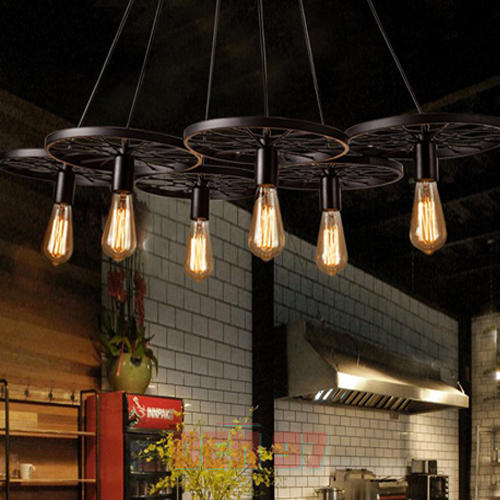 Chùm đèn thả sắt sơn tĩnh điện 6 bánh xe trang trí không gian chính quán cafe