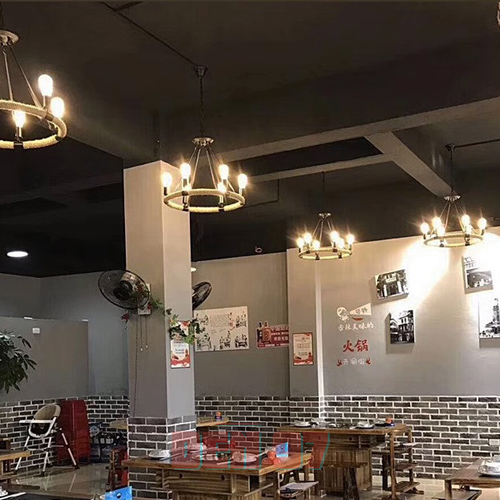 Bộ đèn thả vòng tròn 8 bóng dây thừng trang trí quán cafe Retro, phong cách bụi